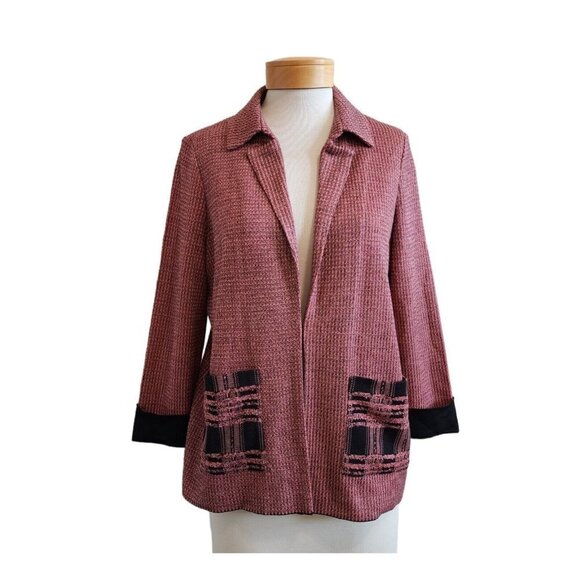 Misook Collared Knit Look Plaid Pocket Lagenlook Clasp Front Blazer Cardigan M - Picture 1 of 12